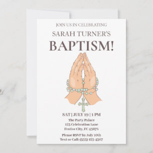 Chic Baptism with Praying Hands Prayer Beads Invitation