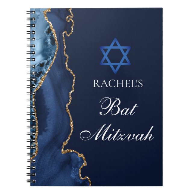 Chic Bat Mitzvah Navy Blue Gold Personalized Notebook (Front)