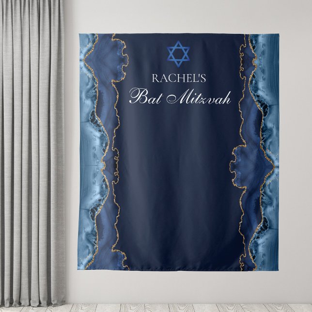 Chic Bat Mitzvah Party Navy Blue Gold Photo Booth Tapestry (Creator Uploaded)