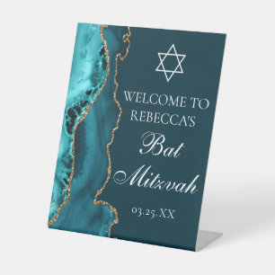 Chic Bat Mitzvah Party Welcome Teal Gold Pedestal Sign