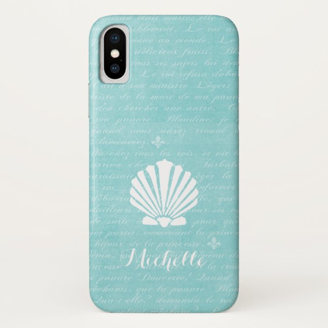 Chic Beach Girly Aqua Scallop Shell With Name Case-Mate iPhone Case (Back)