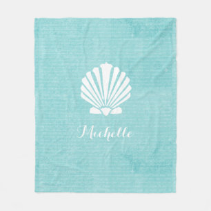 Chic Beach Girly Aqua Scallop Shell With Name Fleece Blanket