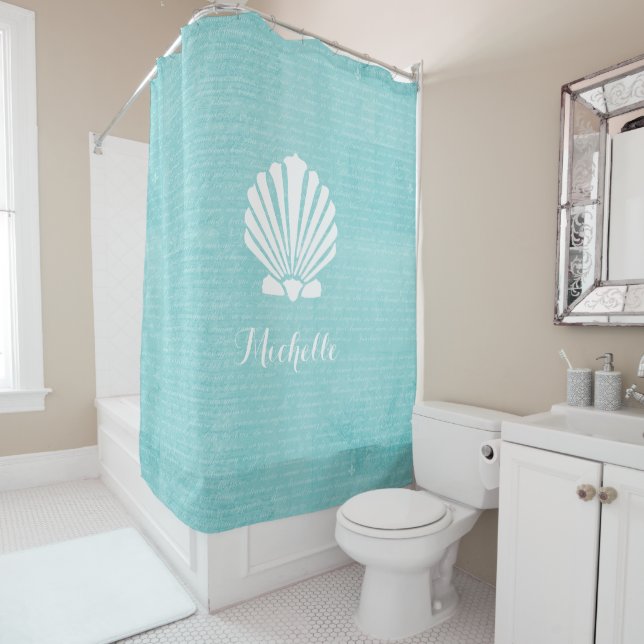 Chic Beach Girly Aqua Scallop Shell With Name Shower Curtain (In Situ)