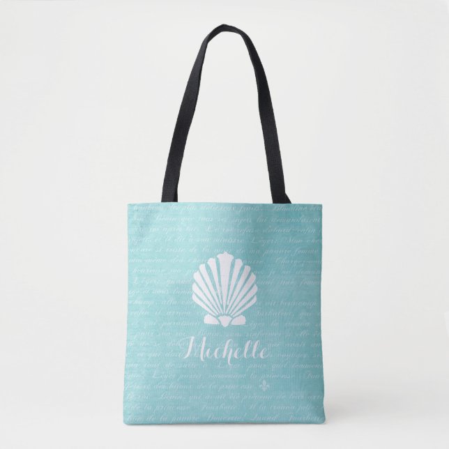Chic Beach Girly Aqua Scallop Shell With Name Tote Bag (Front)