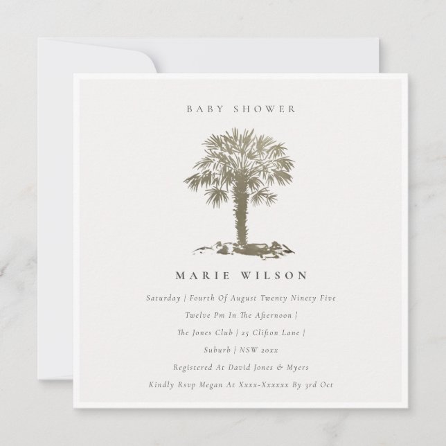 Chic Beach Palm Tree Dark Gold Baby Shower Invite (Front)