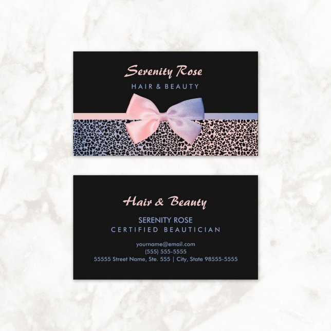 Chic Beautician Pink Blue Leopard Print With Bow Business Card (Chic Beautician Pink Blue Leopard Print With Bow Business Cards)