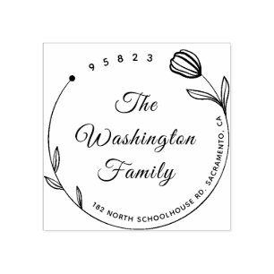 Chic Beautiful Flower Round Family Name Rubber Stamp