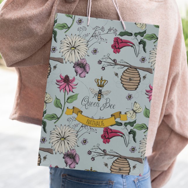 Chic Beehive Blue Floral Small Gift Bag (Elegant Queen Bee & Gold Crown Gift Bag. Hand-Drawn Queen Bee, Gold Crown, Flowers, Beehive & Bees)