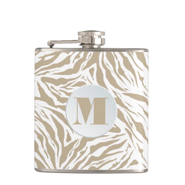 Chic Beige Animal Print Monogrammed Hip Flask (Front)