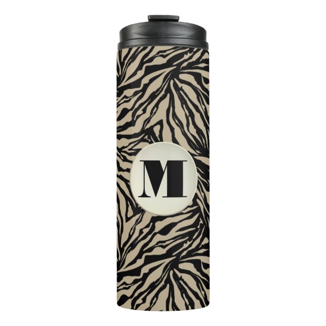 Chic Beige Black Animal Print Monogrammed Thermal Tumbler (Front)