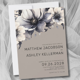Chic Beige Boho Black White Neutral Floral Wedding Invitation