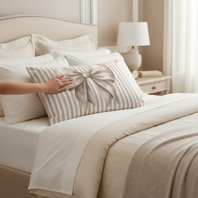 Chic Beige Bow Vertical Stripes Accent Pillowcase (Creator Uploaded)