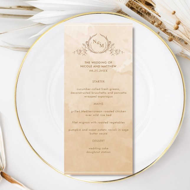 Chic Beige Cream Watercolor, Monogram Wedding Menu (Creator Uploaded)