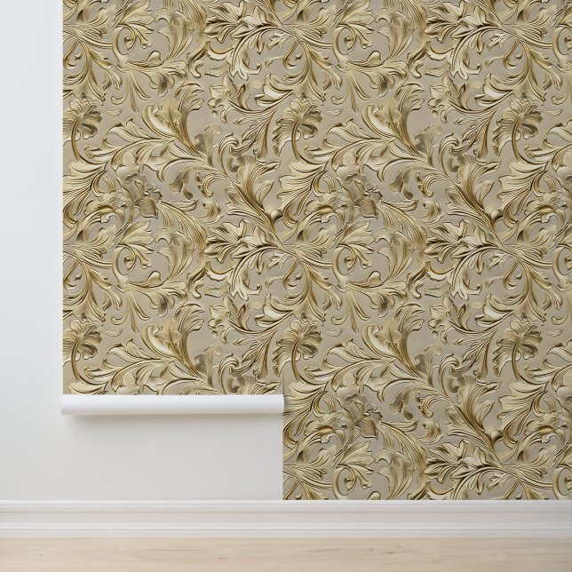 Chic beige gold tooled leather  wallpaper (Application)