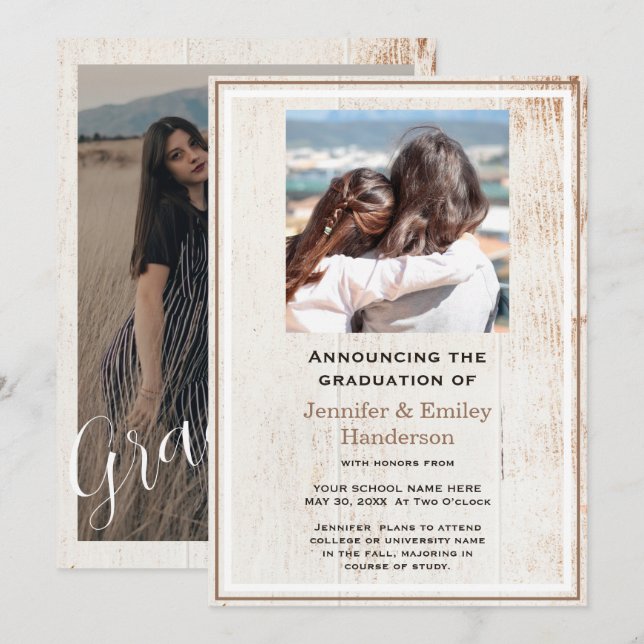 Chic Beige photo double graduation Announcement (Front/Back)