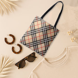 Chic Beige Red Tartan Plaid Pattern Tote Bag