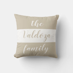 Chic Beige White Stripes Family Name Cushion