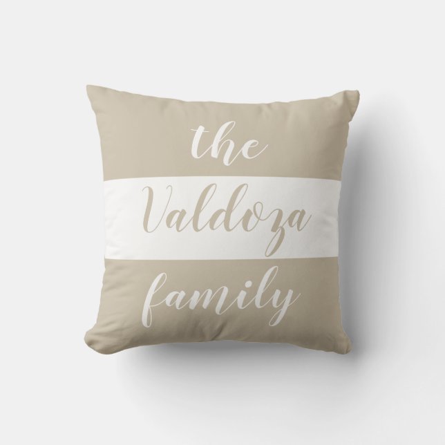Chic Beige White Stripes Family Name Cushion (Front)
