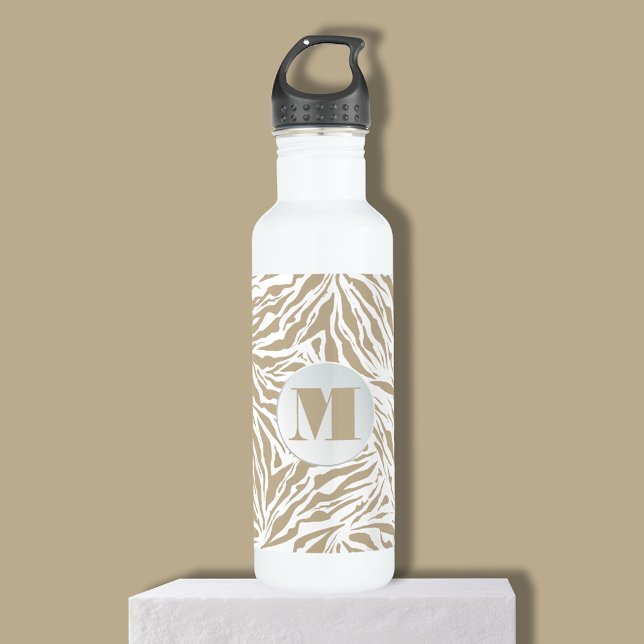 Chic Beige Zebra Print Monogram 710 Ml Water Bottle (Chic beige zebra print monogram white stainless steel water bottle)