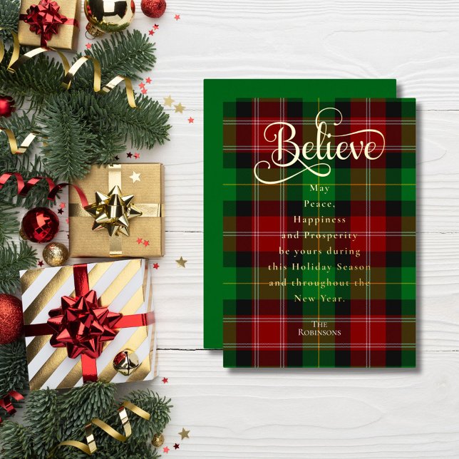 Chic Believe Green & Red Christmas Scottish Tartan Foil Holiday Card (Creator Uploaded)