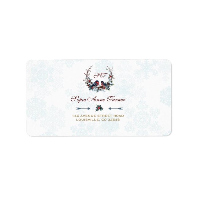 Chic Berries Bullfinch Winter Wreath Wedding Label (Front)
