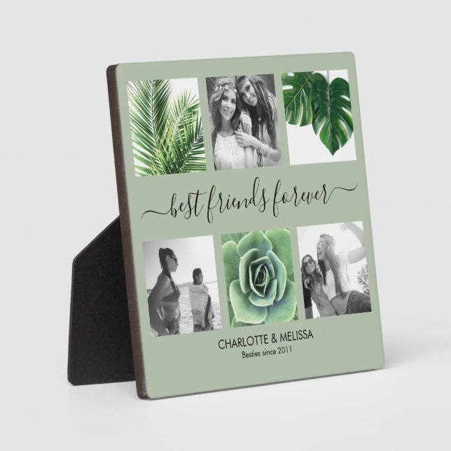 Chic best friends forever sage green photo collage plaque (Front)