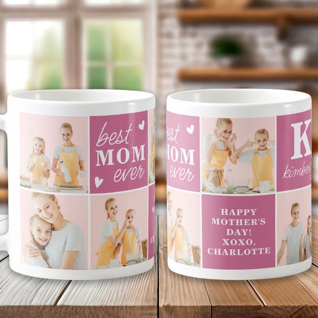 Chic Best MOM Ever Custom Pink 7 Photo Collage Coffee Mug (Creator Uploaded)
