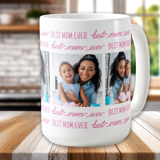 Chic Best MOM Ever Customised Pink 4 Photo Collage Coffee Mug (Creator Uploaded)