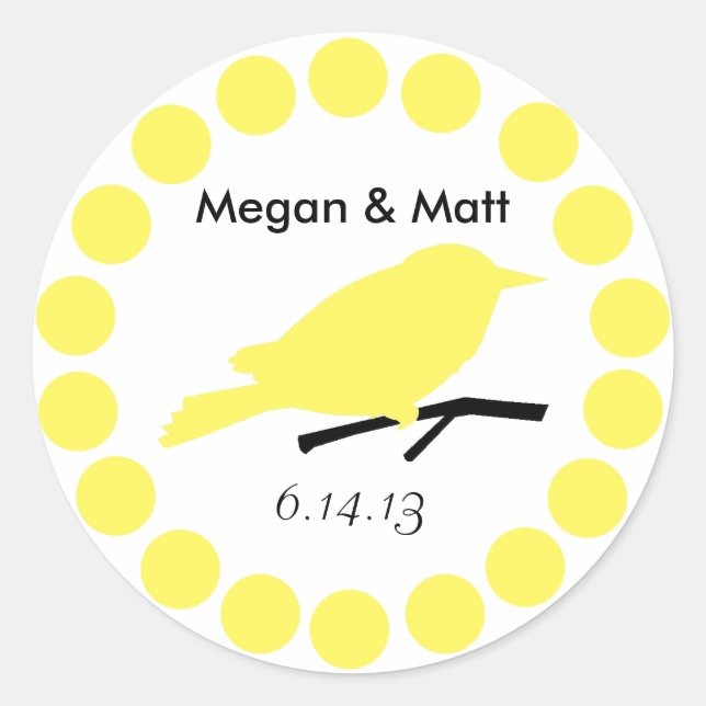 Chic Bird Silhouette & Dots Wedding Seal in Yellow (Front)