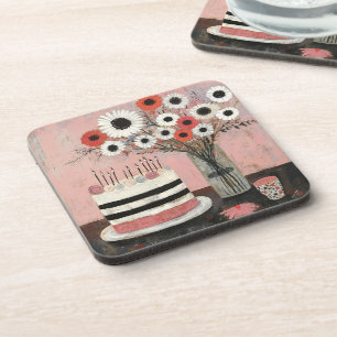 Chic Birthday Cake and Gerbera Blooms Coaster