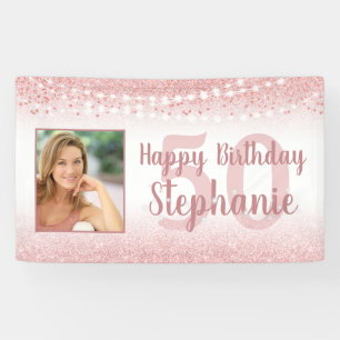 Chic Birthday Rose Gold Glitter Lights Photo Banner