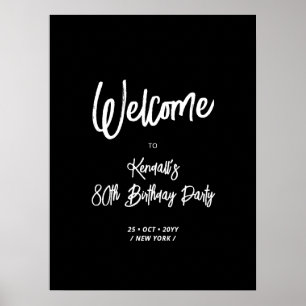 Chic Black 80th Birthday Party Welcome Sign 