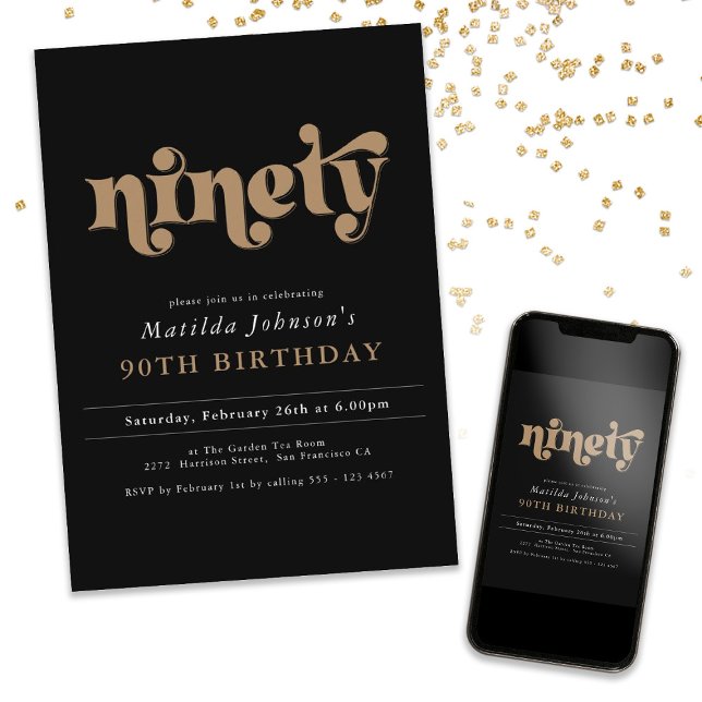 Chic Black and Gold 90th Birthday Party Invitation (Chic Black and Gold 90th Birthday Party Invitation)