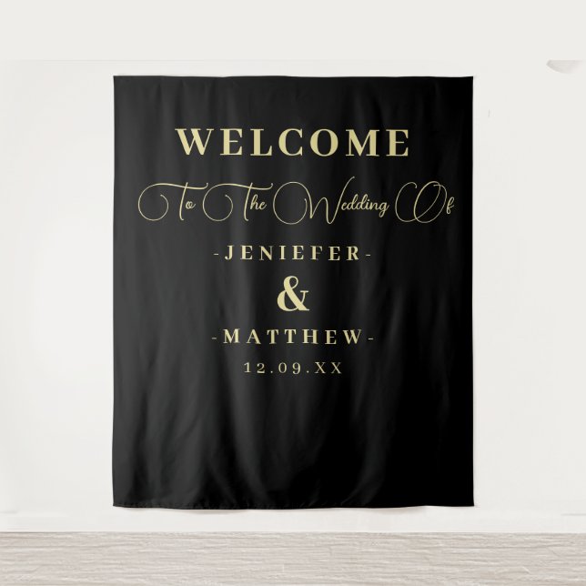 Chic Black and Gold Calligraphy Wedding Welcome  Tapestry (Front)