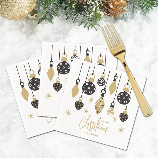 Chic Black and Gold Christmas Ornaments Napkin (Chic Merry Christmas tree ornaments on personalized cocktail napkins)