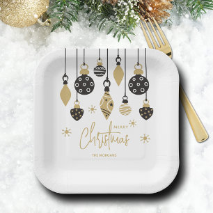 Chic Black and Gold Christmas Ornaments Paper Plate