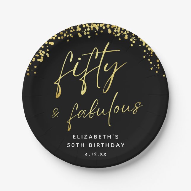 Chic Black and Gold Fifty and Fabulous Birthday Paper Plate (Front)