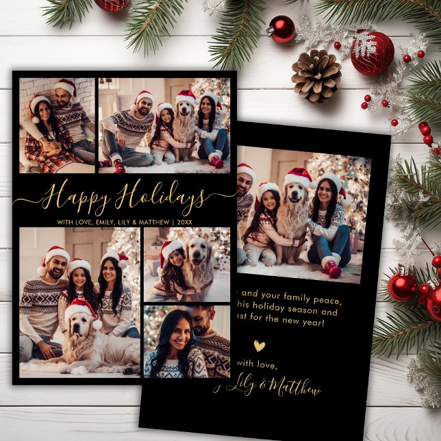 Chic Black and Gold Happy Holidays Script 5 Photo Holiday Card (Creator Uploaded)