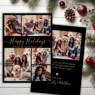 Chic Black and Gold Happy Holidays Script 5 Photo Holiday Card