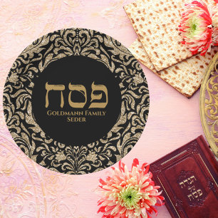 Chic Black and Gold Hebrew Pesach Passover  Paper Plate