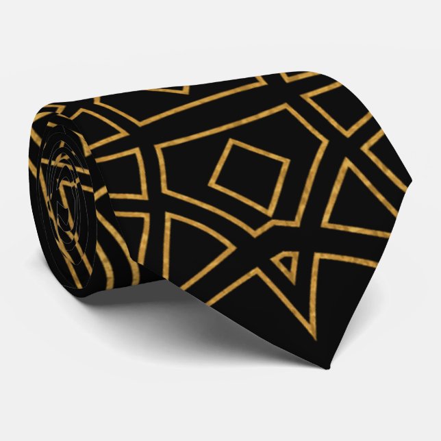 Chic Black and Gold Interlocking Design Neck Tie (Rolled)