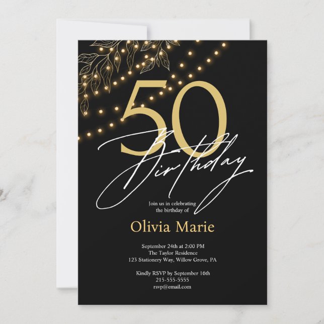 Chic Black and Gold Lights 50th Birthday  Invitation (Front)