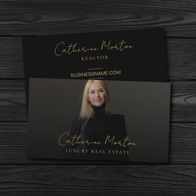 Chic Black and Gold Luxury Real Estate Business Card (Luxury Chic Photo Script Real Estate Business Card)