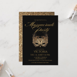 Chic Black and Gold Masquerade Party Birthday Invitation