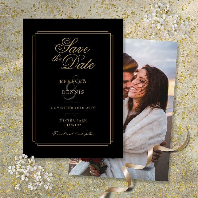 Chic Black and Gold Script Art Deco Photo Wedding Save The Date (Chic Black and Gold Script Art Deco Photo Wedding Save The Date)