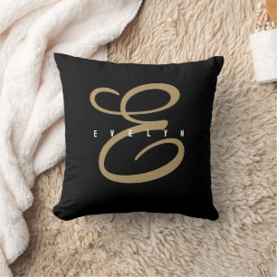 Chic Black and Gold Script Monogram Cushion