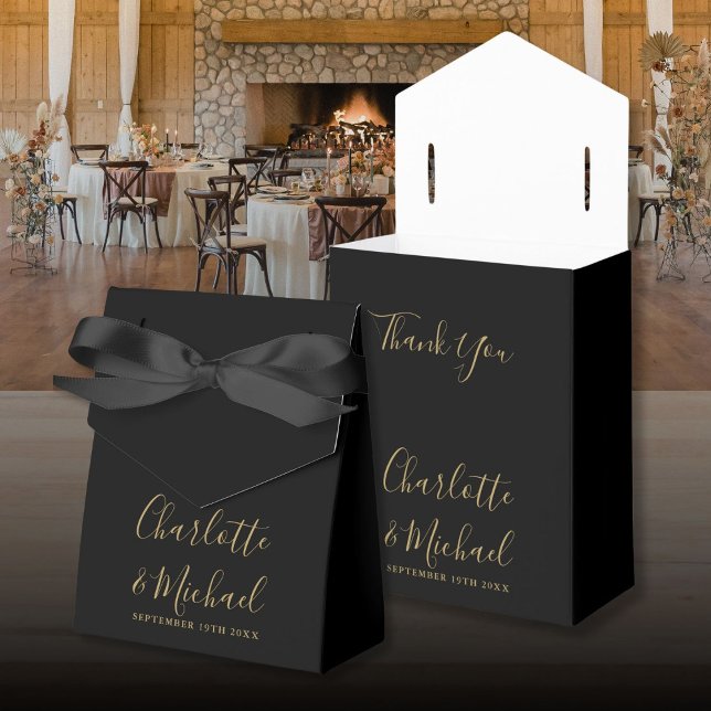Chic Black And Gold Script Wedding Favour Box (Chic Black And Gold Script Wedding Favor Box)