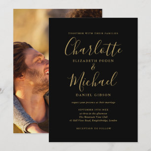 Chic Black And Gold Signature Script Photo Wedding Invitation