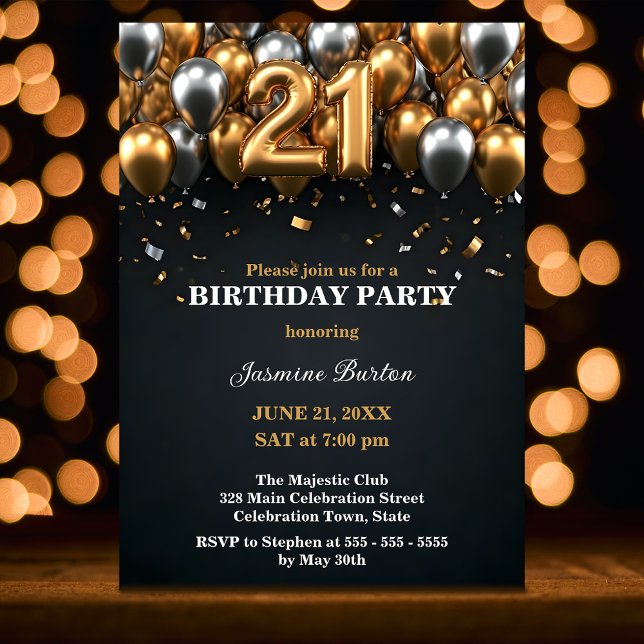 Chic Black and Gold Silver Balloon 21st Birthday Invitation (Creator Uploaded)