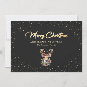 Chic Black and Gold Snow Reindeer Merry Christmas Holiday Card